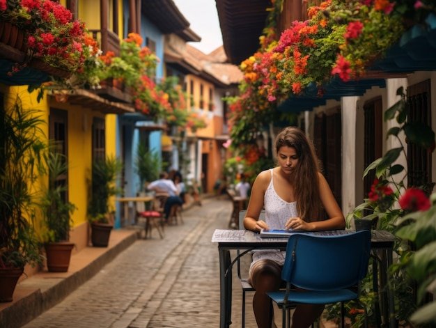 Mujer colombiana trabajando en una computadora portátil en un entorno urbano vibrante