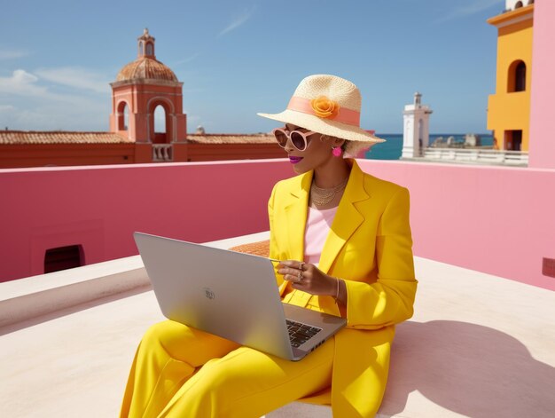 Mujer colombiana trabajando en una computadora portátil en un entorno urbano vibrante