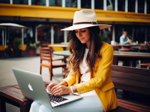 Mujer colombiana trabajando en una computadora portátil en un entorno urbano vibrante