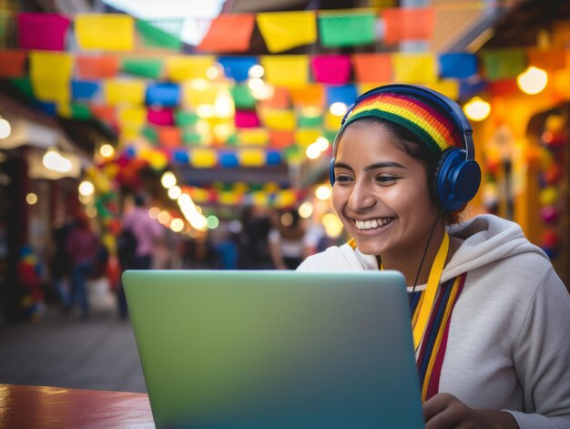 Foto mujer colombiana trabajando en una computadora portátil en un entorno urbano vibrante