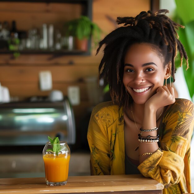 Mujer de color alegre en un café con jugo