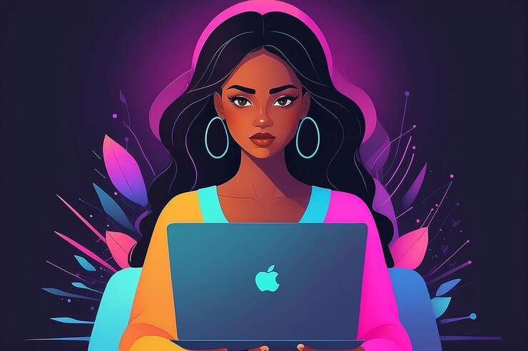 Foto mujer de color empoderada con portátil ilustración minimalista ia generativa