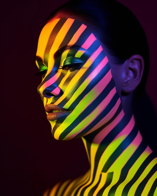 una mujer con los colores de su cara pintados con rayas.