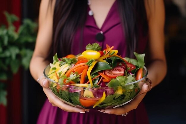 Foto mujer con una colorida y saludable ensalada vegetariana en un café de verano con luz natural