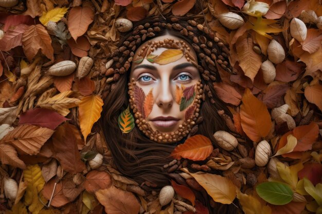 Mujer con coloridas hojas de otoño en un retrato de Land Art