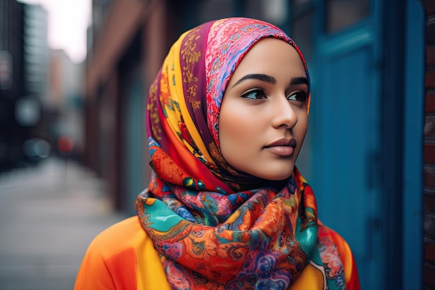 Una mujer con un colorido hijab en una calle de la ciudad Generative Ai