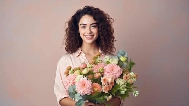 Mujer con un colorido ramo de flores