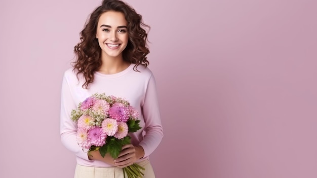 Mujer con un colorido ramo de flores