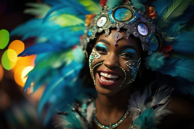 Foto mujer con colorido tocado de cabeza y plumas