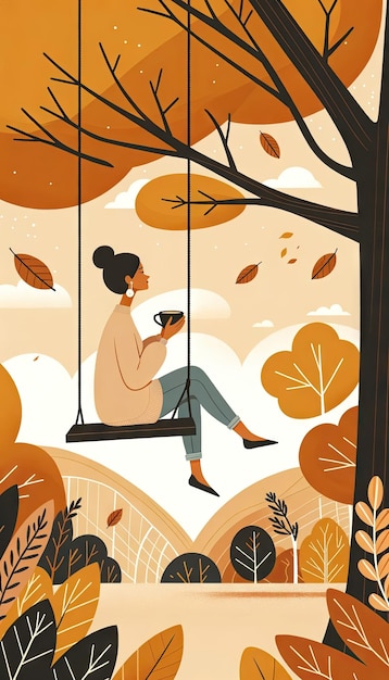 Mujer columpiándose en otoño con peinado de moño disfrutando de un momento en un columpio de árbol generado por IA