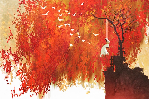 mujer en un columpio bajo el árbol de otoño, pintura de ilustración