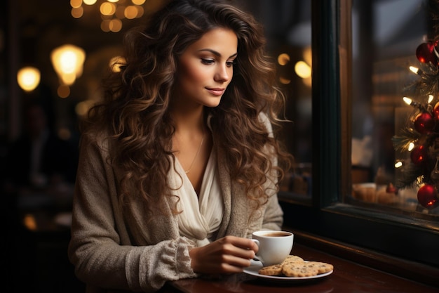 Una mujer come galletas de Navidad con café en una cafetería