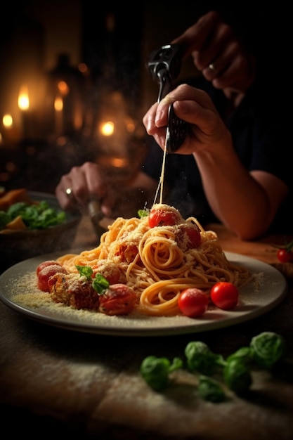 Mujer come pasta italiana con mariscos y salsa de tomate Pasta Gamberini Primer plano tagli IA generativa