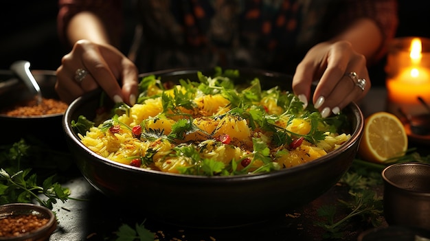 Mujer comiendo arroz sabroso con verduras en ai oscuro bowlgenerative