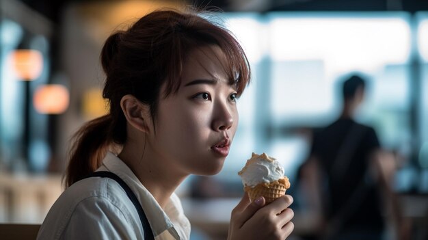 Una mujer comiendo un cono de helado en un café.