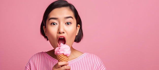 Una mujer comiendo un cono de helado rosa.