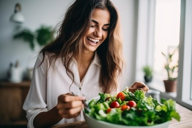 Foto una mujer está comiendo una ensalada con una sonrisa en la cara