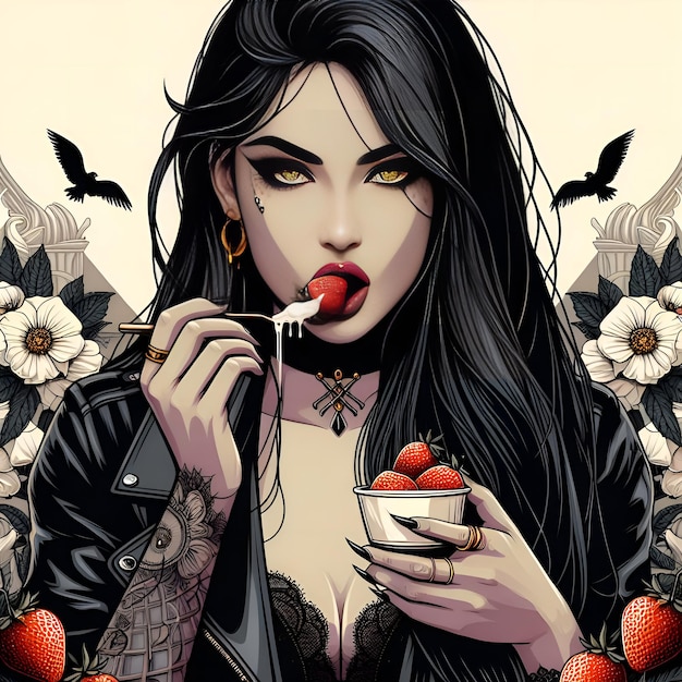 mujer comiendo fresas arte gótico