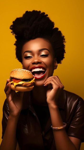 Una mujer comiendo una hamburguesa con queso con una sonrisa en su rostro.