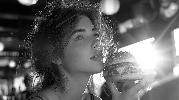 Una mujer comiendo una hamburguesa.