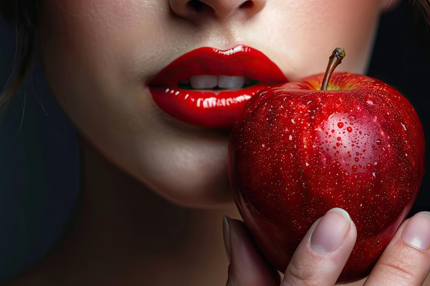 Foto una mujer está comiendo una manzana con la palabra en ella