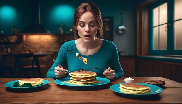 Foto una mujer comiendo panqueques con un vaso de jugo de naranja y un vaso