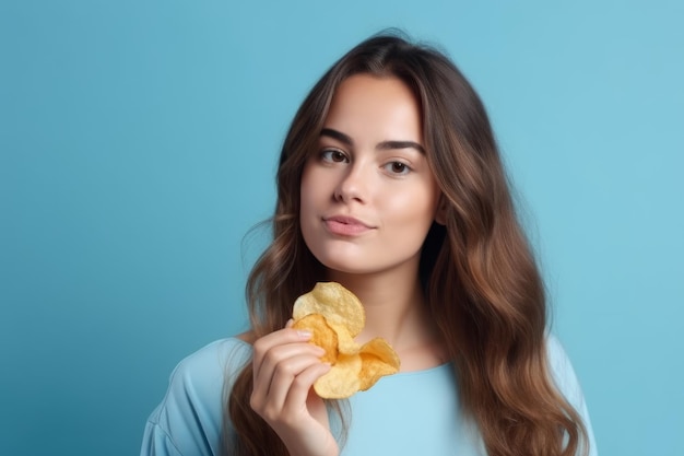 Mujer comiendo papas fritas comida Generar Ai