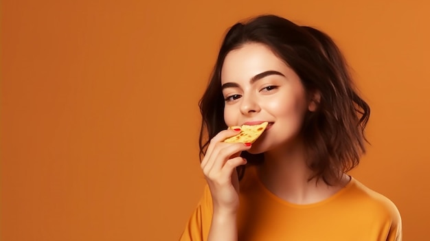 Una mujer comiendo una pizza con un fondo naranja