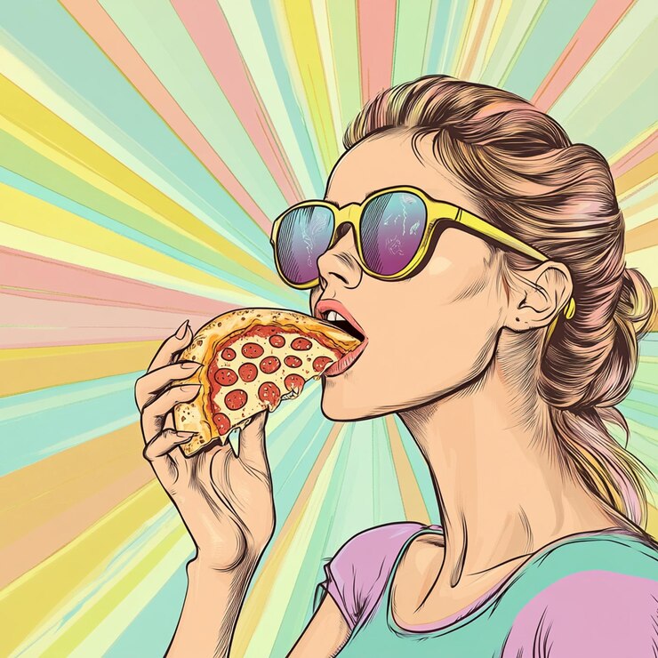 una mujer comiendo una pizza con gafas de sol en la cabeza