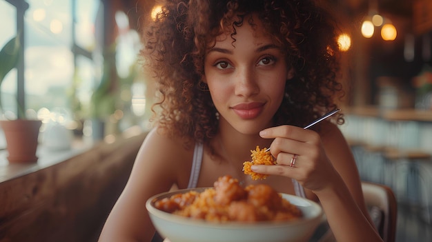 Una mujer comiendo un plato de comida con un tenedor en la mano y mirando a la cámara con una sonrisa