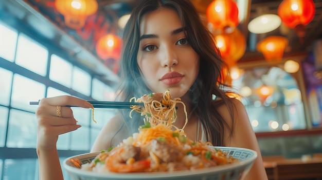 Una mujer comiendo un plato de fideos con palillos en la mano y mirando a la cámara con un