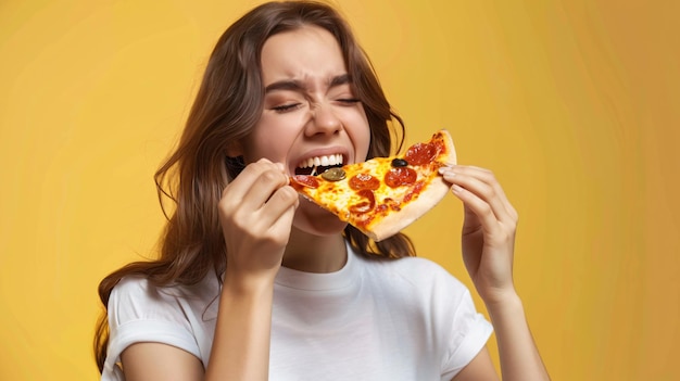 una mujer comiendo una rebanada de pizza con un fondo amarillo
