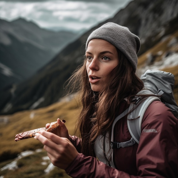 Una mujer comiendo una rebanada de pizza en las montañas.