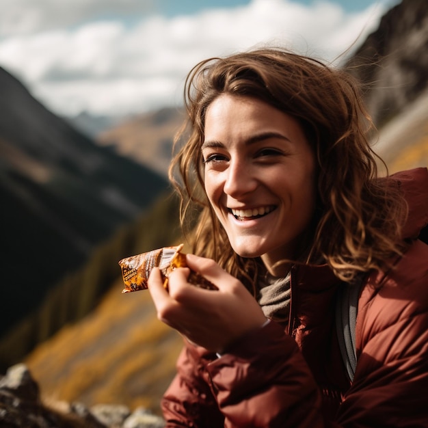 Una mujer comiendo un trozo de comida frente a una montaña.