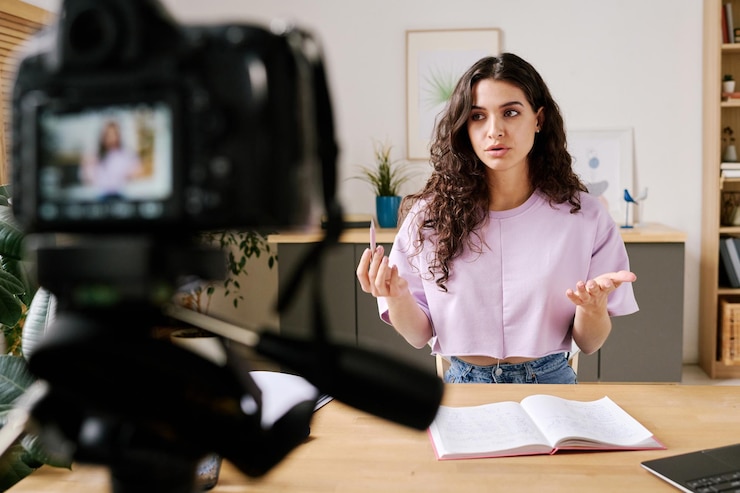 Foto mujer compartiendo sus ideas en la cámara