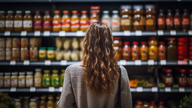 Una mujer compra comida en una tienda de comestibles, de espaldas a la cámara, y mira los estantes llenos de productos.