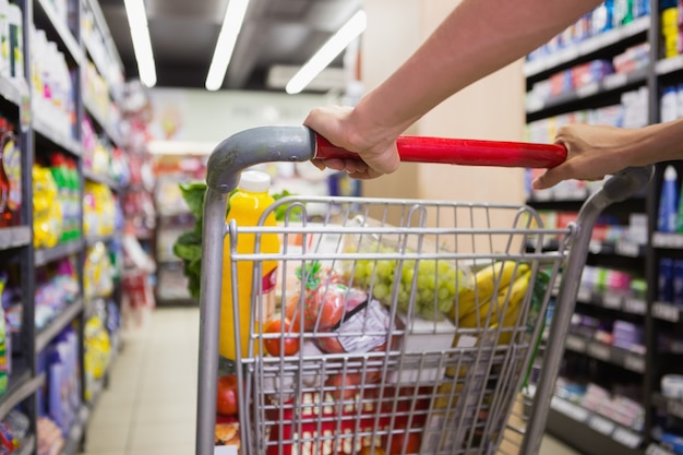 mujer compra productos con su carrito