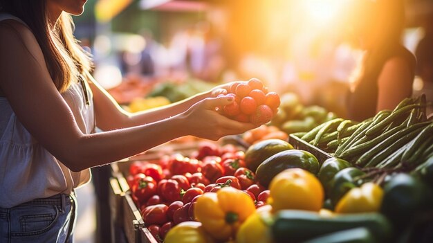 Una mujer compra tomates en un mercado.