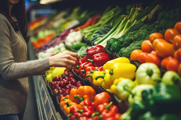 Mujer compra verduras y frutas en supermercado Mujer compra verduras en supermercado supermercado