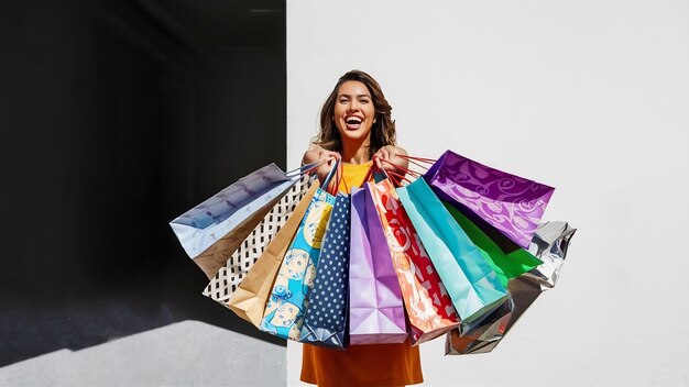 Foto mujer compradora feliz con bolsas de compras coloridas en un fondo aislado