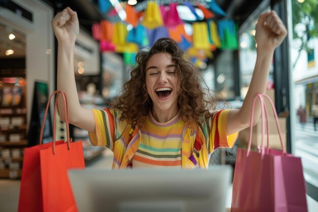 Foto una mujer compradora en línea utiliza una experiencia de comercio electrónico portátil