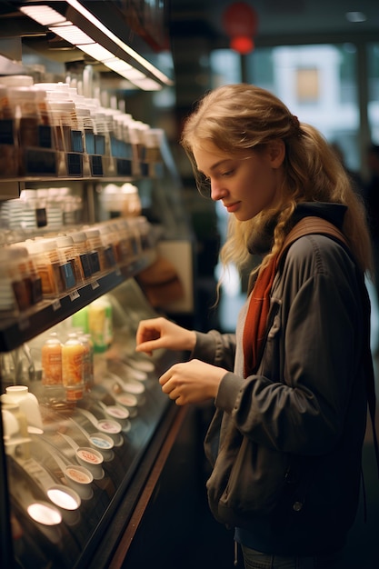 una mujer comprando una fotografía de café