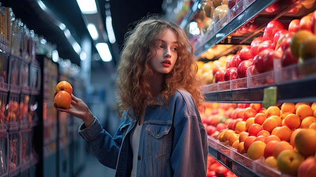 Mujer comprando fruta en el supermercado.