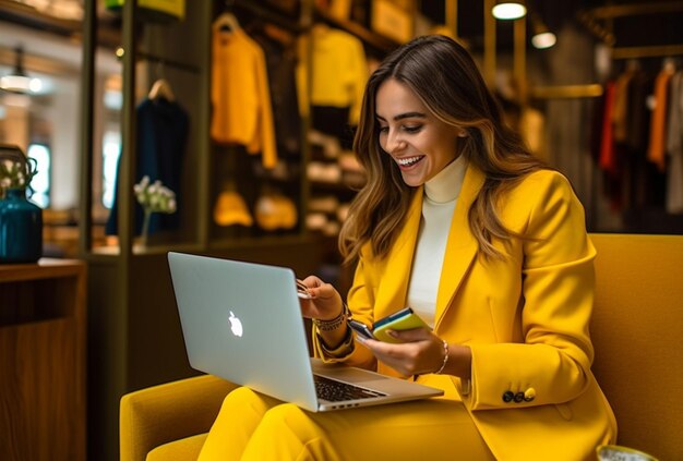 Foto una mujer comprando en internet.