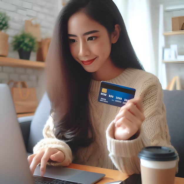 Foto mujer comprando en línea con una tarjeta de crédito