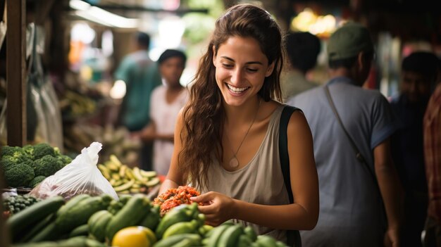 Foto mujer comprando en el mercado de agricultores