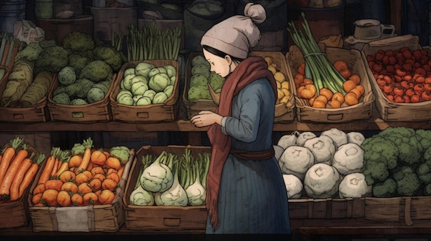 Una mujer comprando en un mercado con verduras