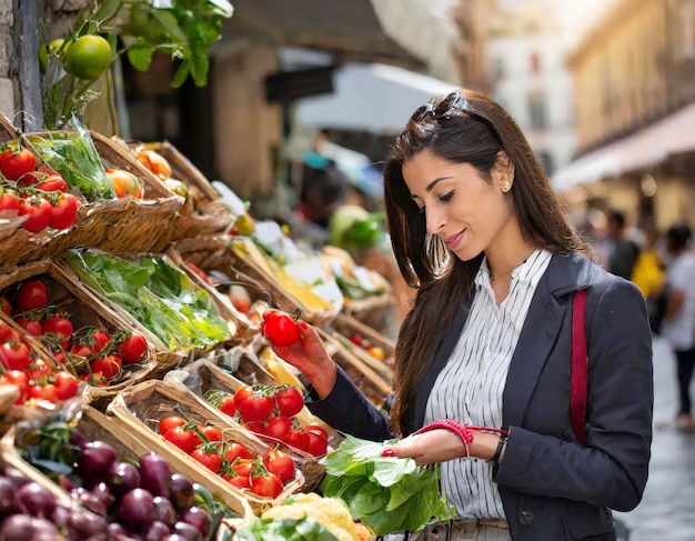 Mujer comprando productos frescos en el puesto del mercado