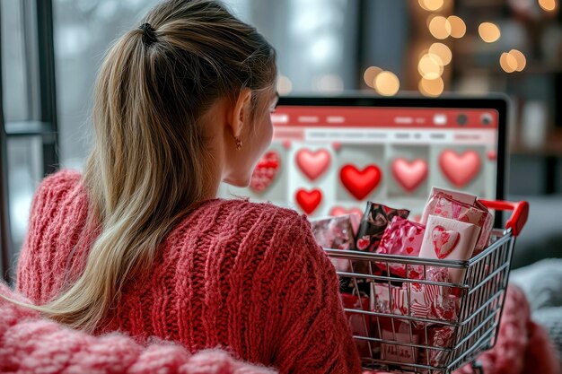 Mujer comprando regalos en línea para el Día de San Valentín con una canasta de regalos envueltos