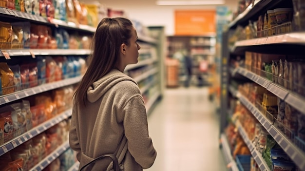 Una mujer comprando en un supermercado con un cartel que dice "comida"